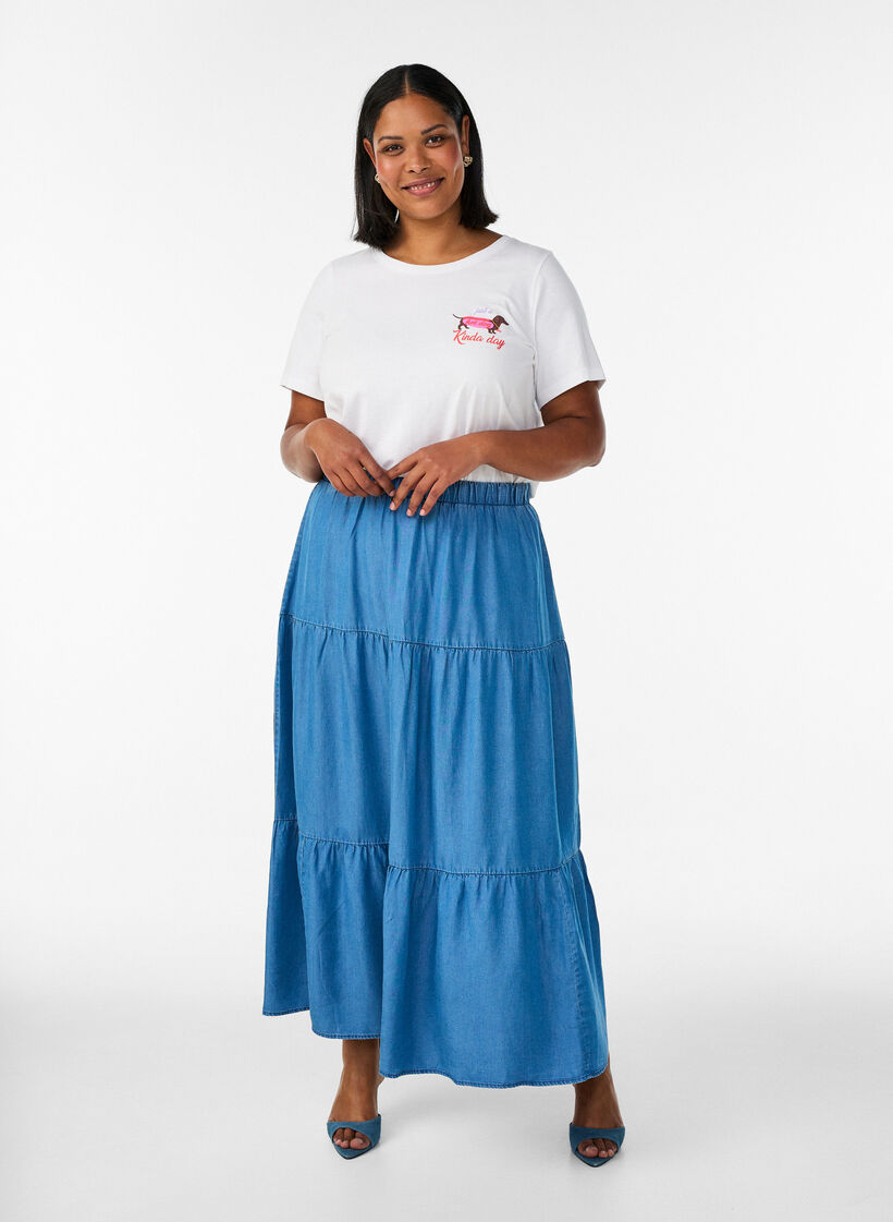 Jupe maxi en jean avec volants, Bleu, Model