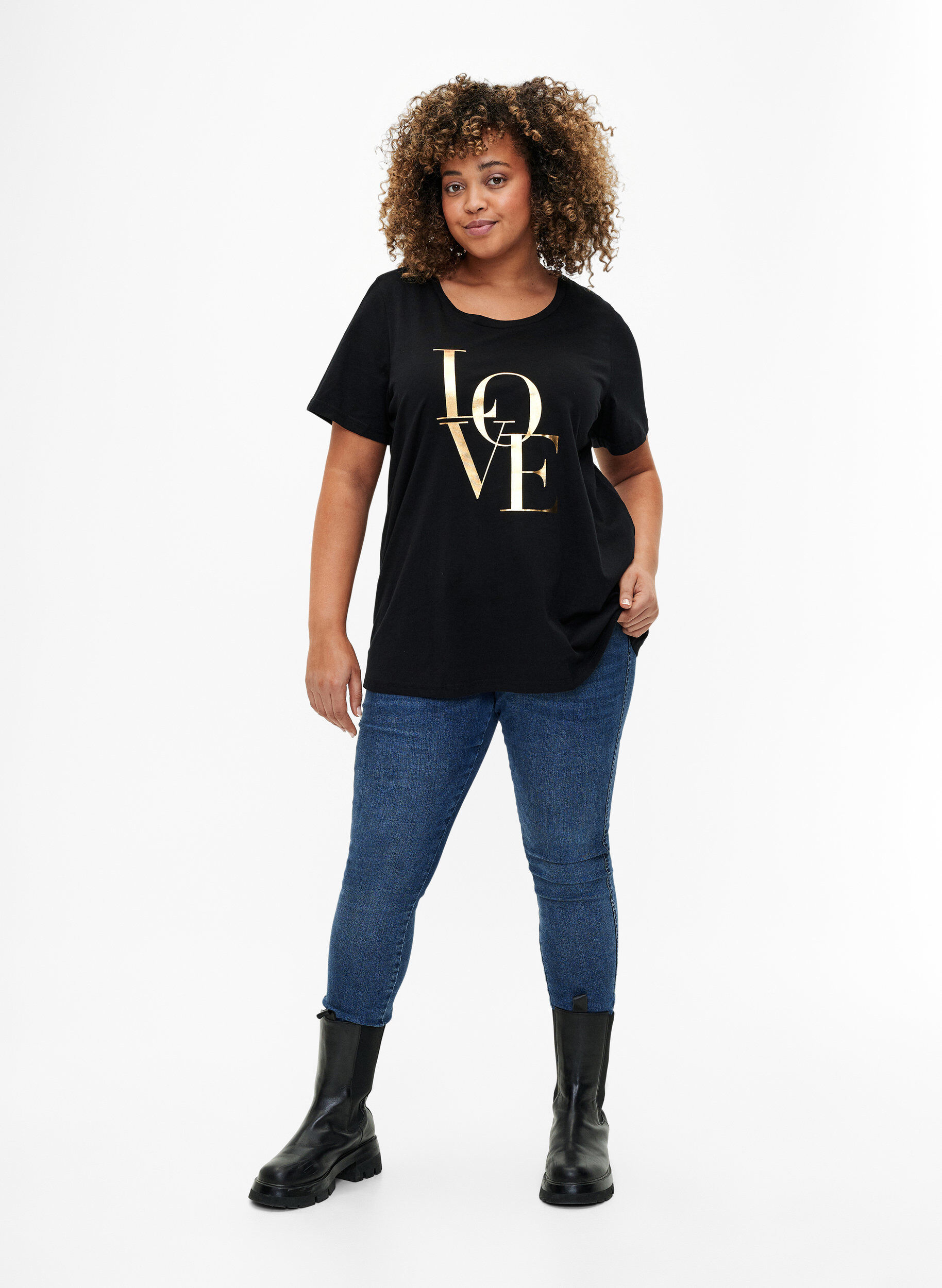 Zizzi T-shirt en coton avec texte dor&eacute;, Black w. Gold Love, Model image number 2