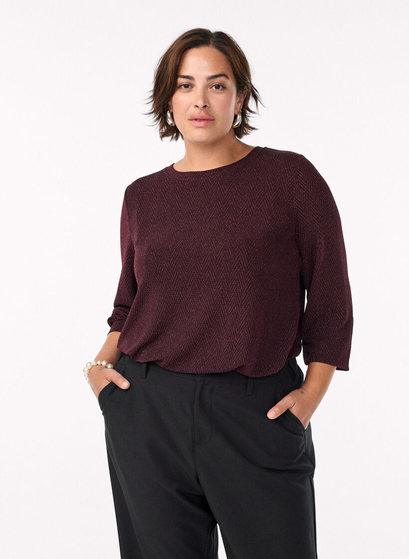 Blouse avec motif &agrave; chevrons et fil paillet&eacute;, Bordeaux fonc&eacute;, Model image number 0