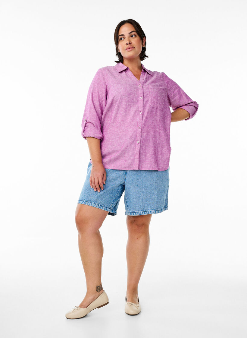 Chemise en lin et viscose avec manches 3/4, Violet, Model image number 1