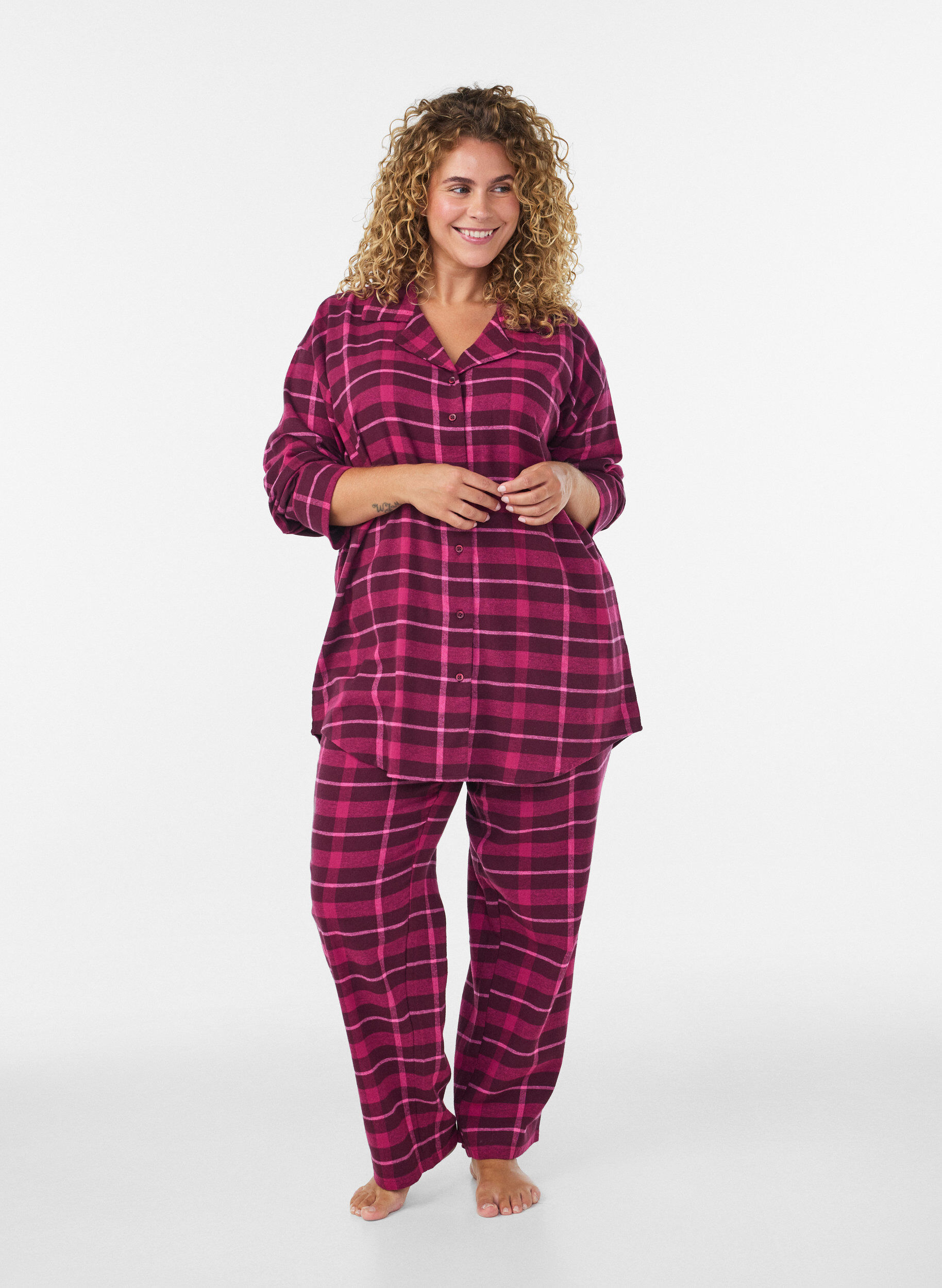 ZizziChemise de pyjama &agrave; carreaux en coton &agrave; manches longues, Bordeaux, Model image number 1