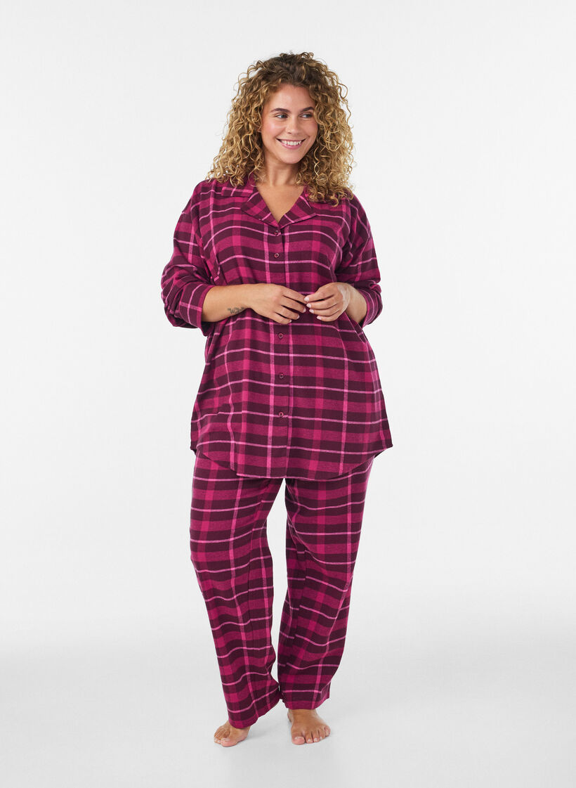 Chemise de pyjama &agrave; carreaux en coton &agrave; manches longues, Bordeaux, Model image number 1