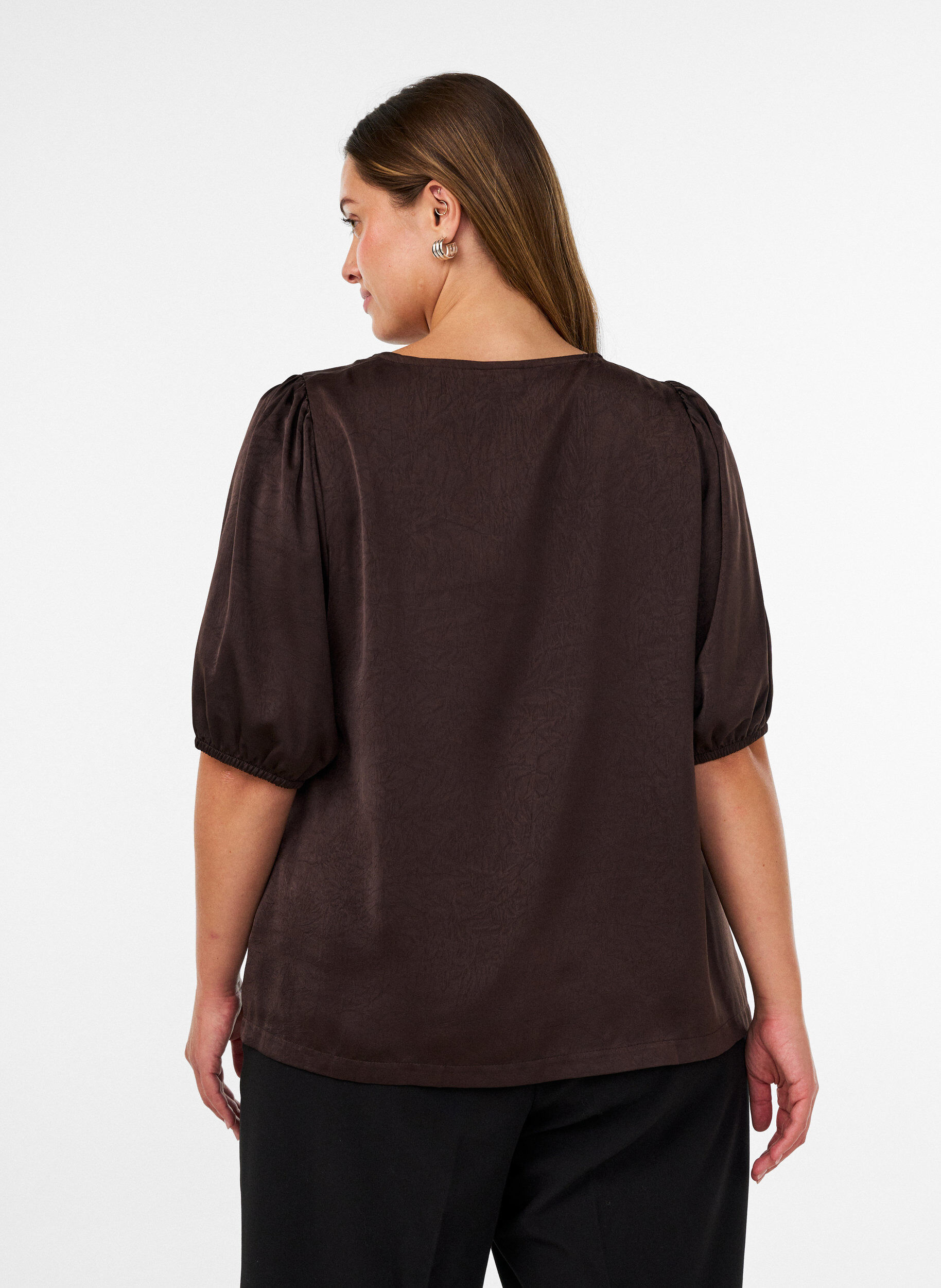 ZizziBlouse en satin avec n&oelig;uds et manches au coude, Marron, Model image number 2