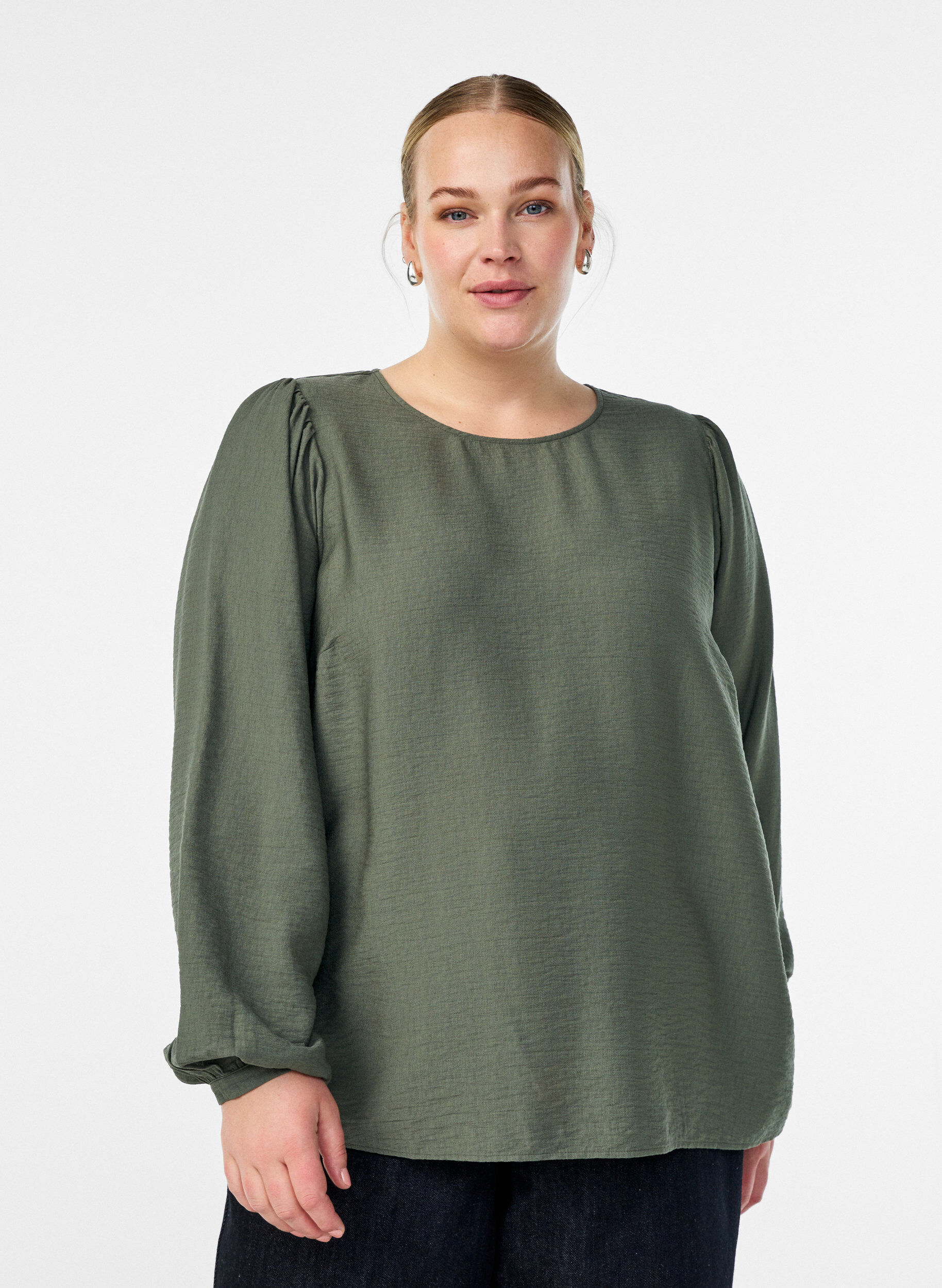 Blouse en viscose &agrave; manches longues, Vert, Model
