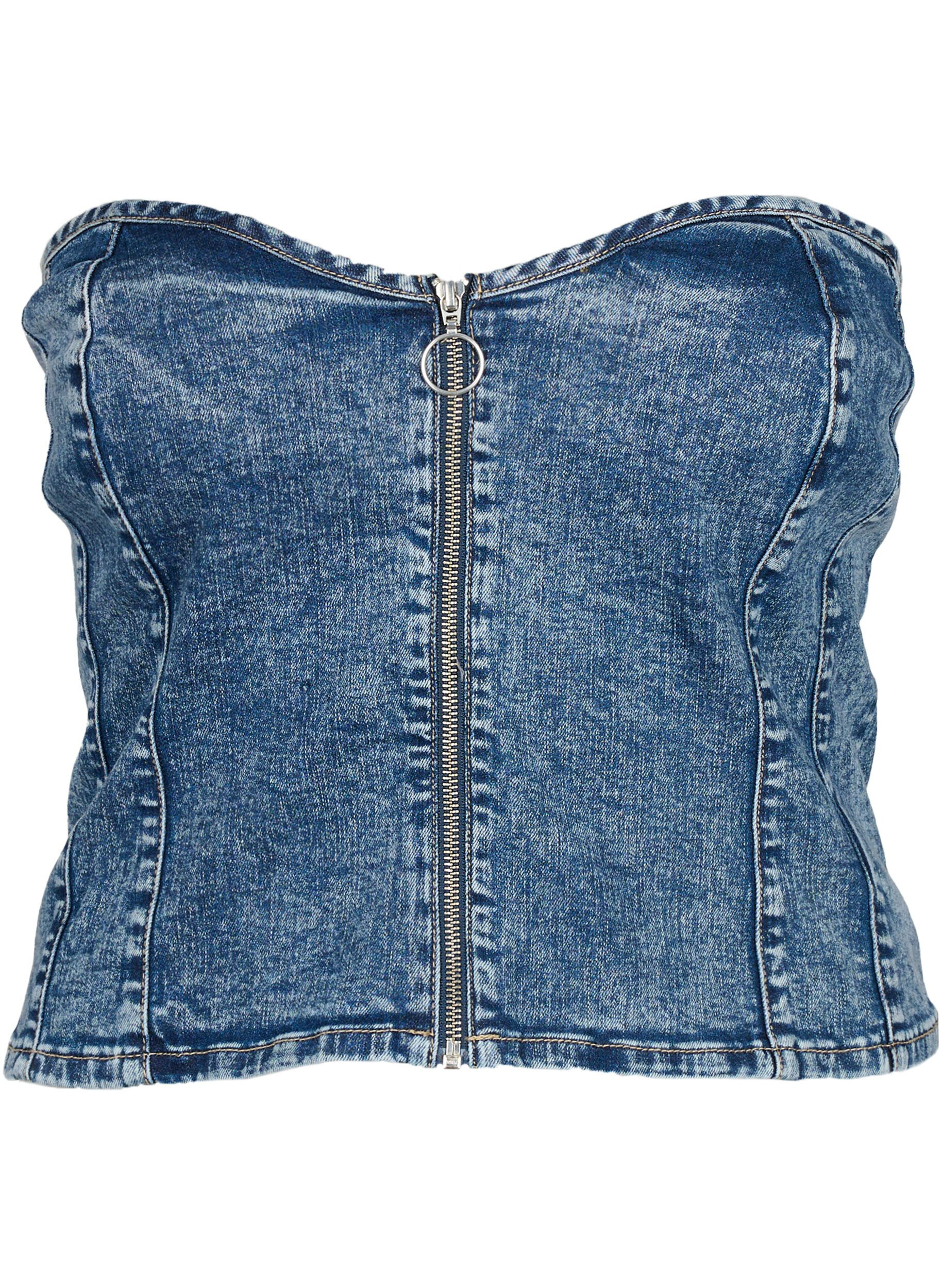 Zizzi Top corset en denim avec fermeture &eacute;clair, Blue denim, Packshot image number 0