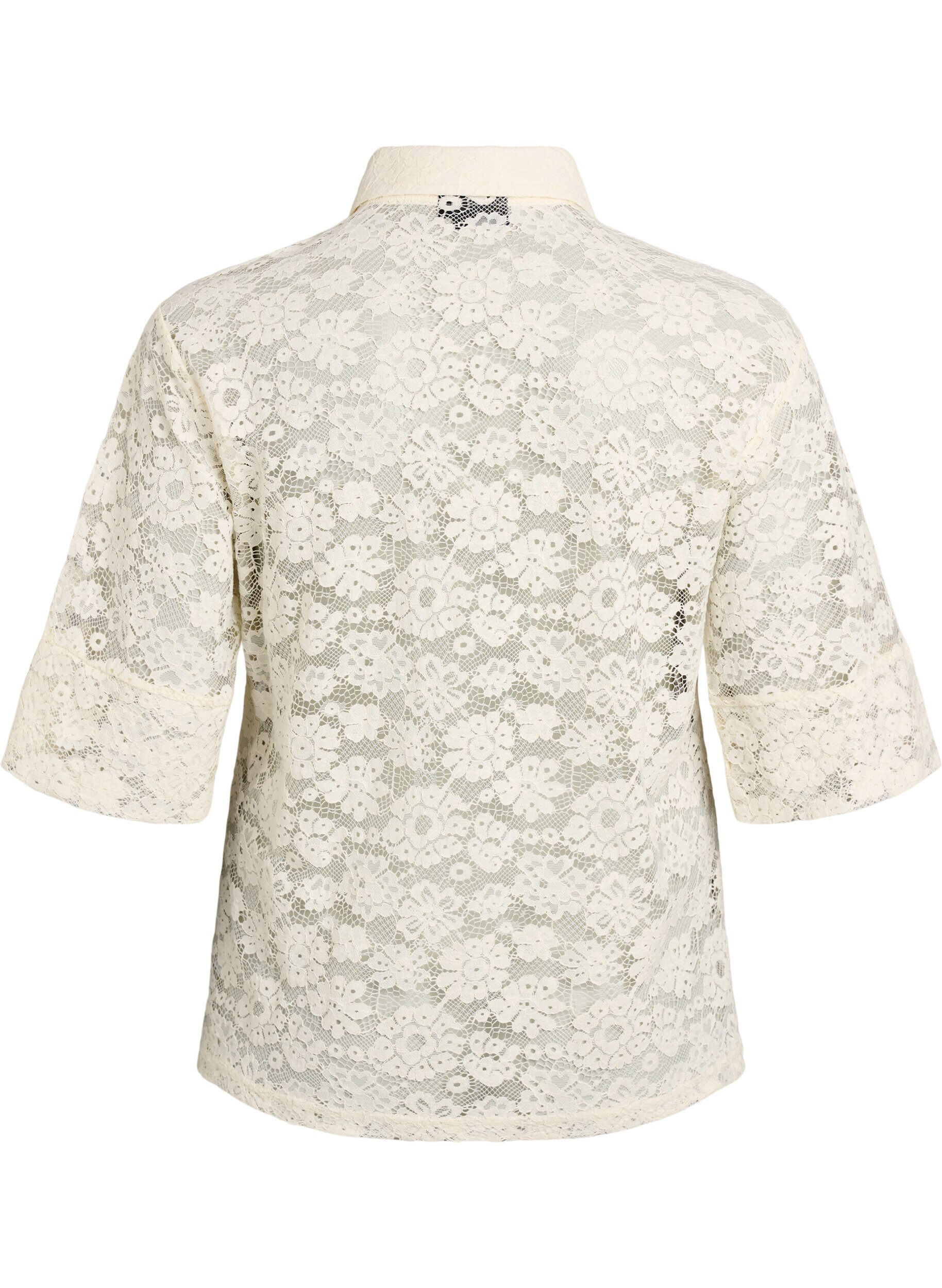 Zizzi Blouse en dentelle avec col et manches 1/2, Vanille, Packshot image number 1
