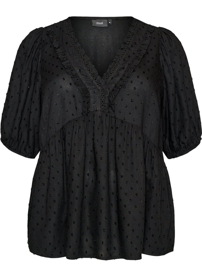 Blouse en viscose avec texture &agrave; pois et col V, Noir, Packshot image number 0