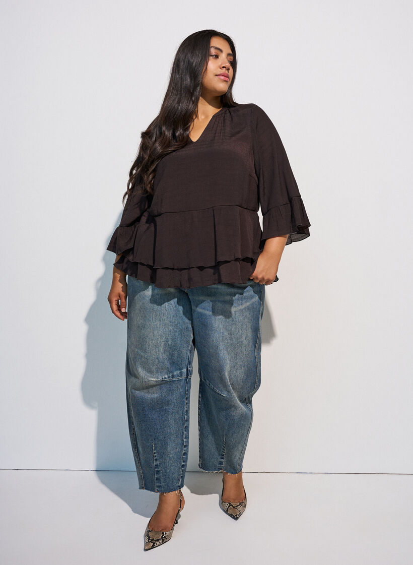 Blouse &agrave; manches 3/4 et volants, Marron, Model image number 1