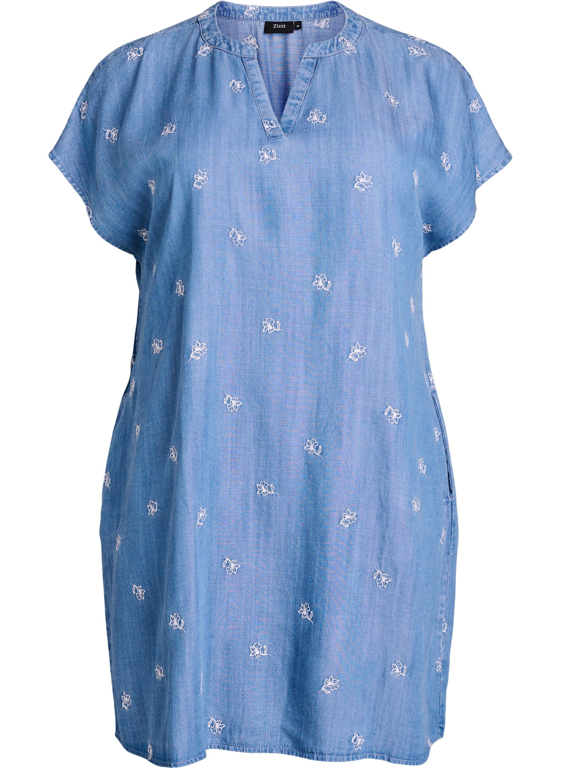 ZizziRobe en lyocell avec un aspect denim et des fleurs brod&eacute;es, Bleu Clair, Packshot image number 0