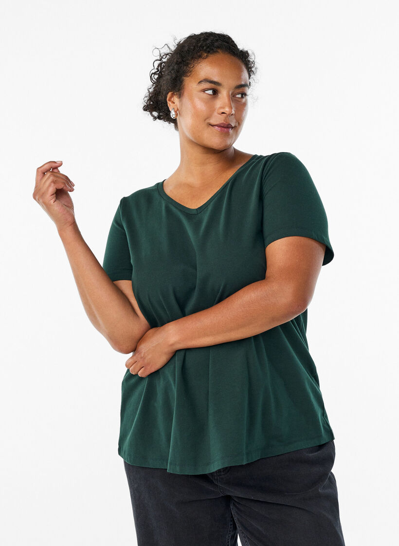 T-shirt en coton uni basique, Vert fonc&eacute;, Model image number 0