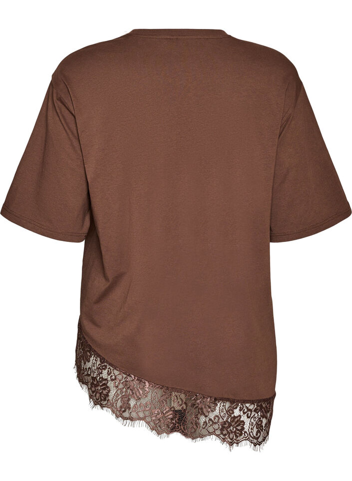 T-shirt avec ourlet asym&eacute;trique en dentelle, Marron, Packshot image number 1