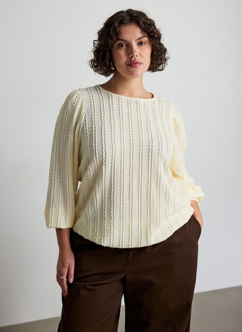 Blouse en jersey textur&eacute; &agrave; la silhouette ballon, Vanille, Model image number 0
