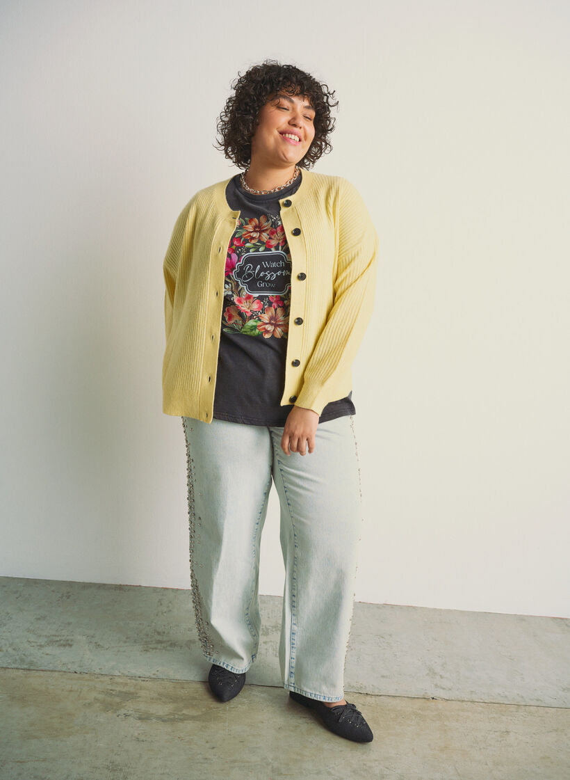 Cardigan en tricot côtelé avec boutons, Jaune clair, Image