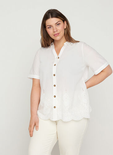 Chemise à manches courtes avec broderie anglaise, Bright White, Model image number 0