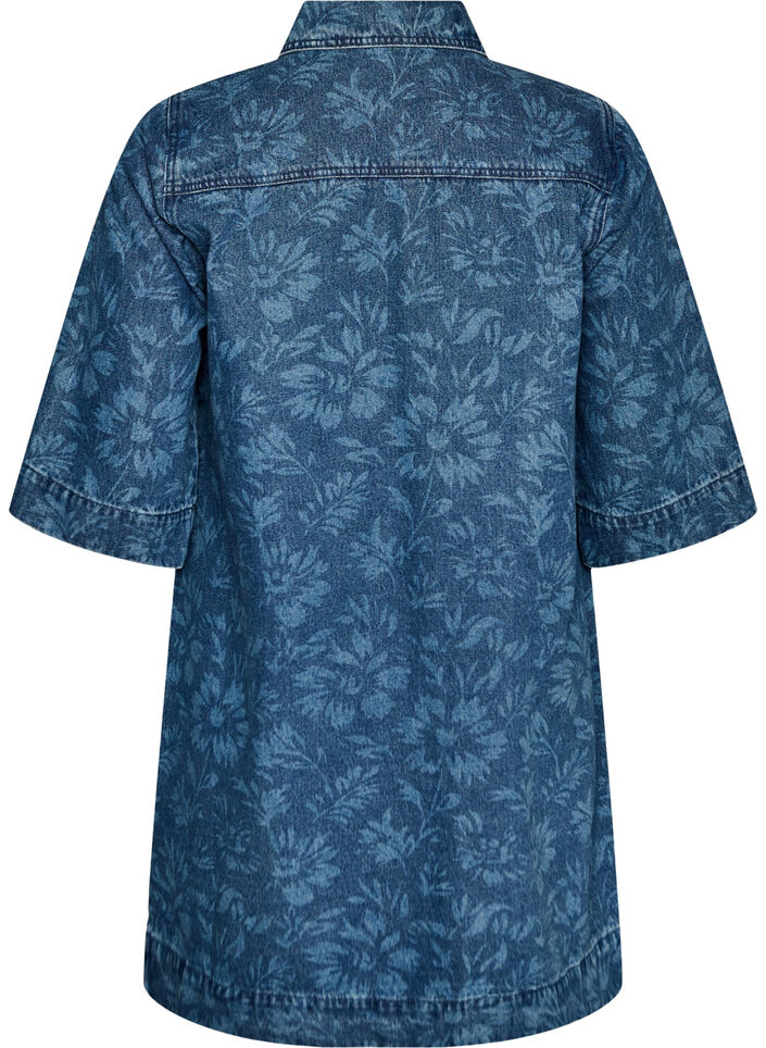 Robe en jean &agrave; imprim&eacute; floral avec poches poitrine, Bleu, Packshot image number 1