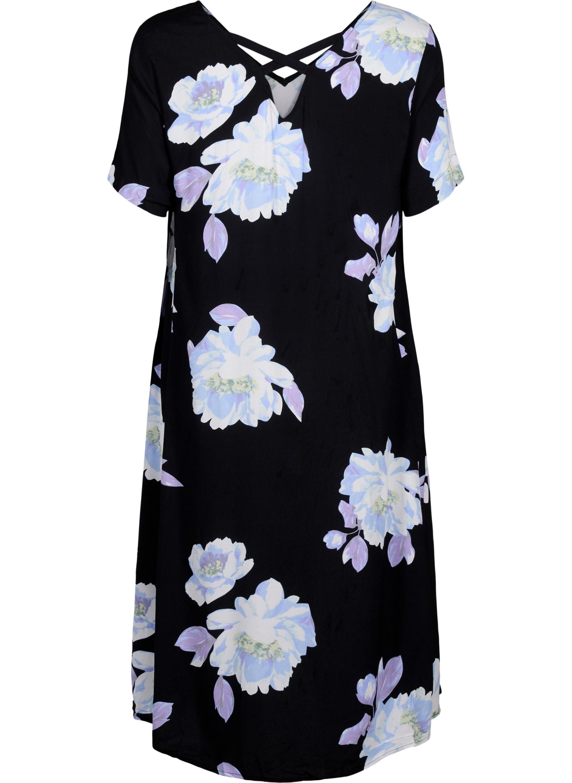 Zizzi Robe &agrave; fleurs &agrave; manches courtes en viscose, Black Big Flower AOP, Packshot image number 1