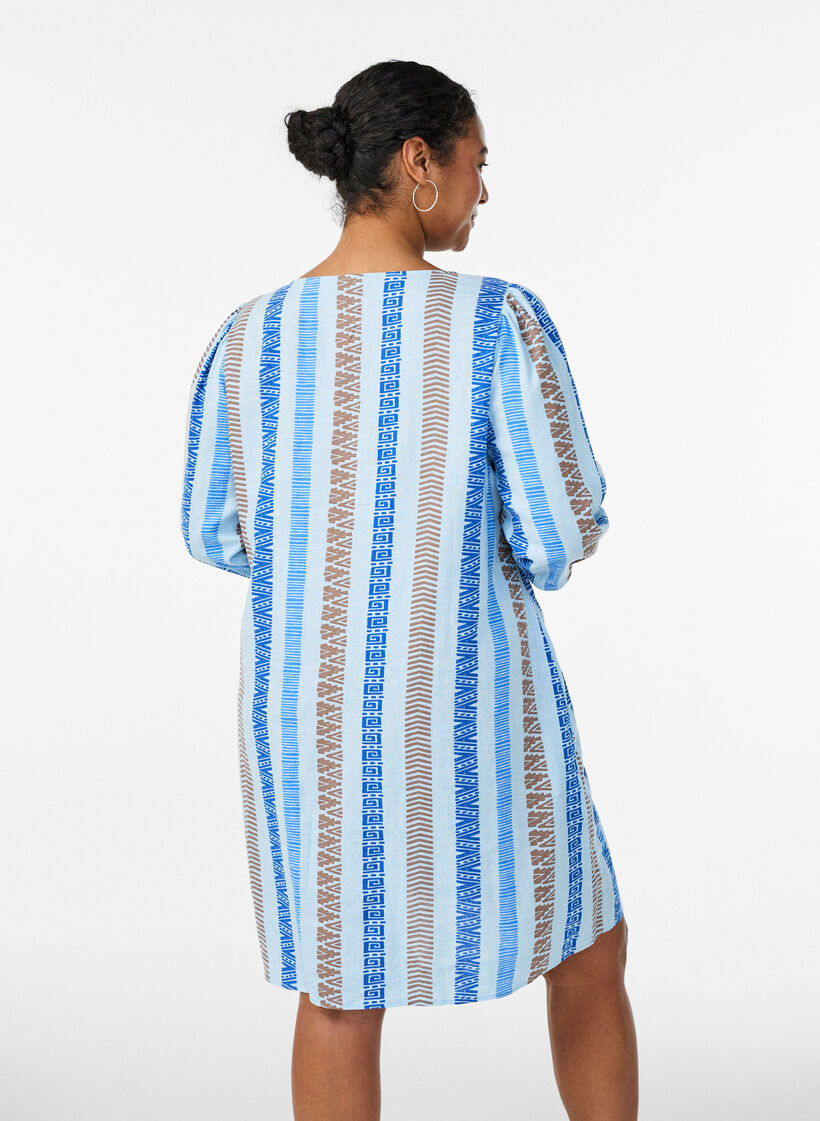 Robes courtes en lin et viscose &agrave; manches 3/4, Bleu, Model image number 2