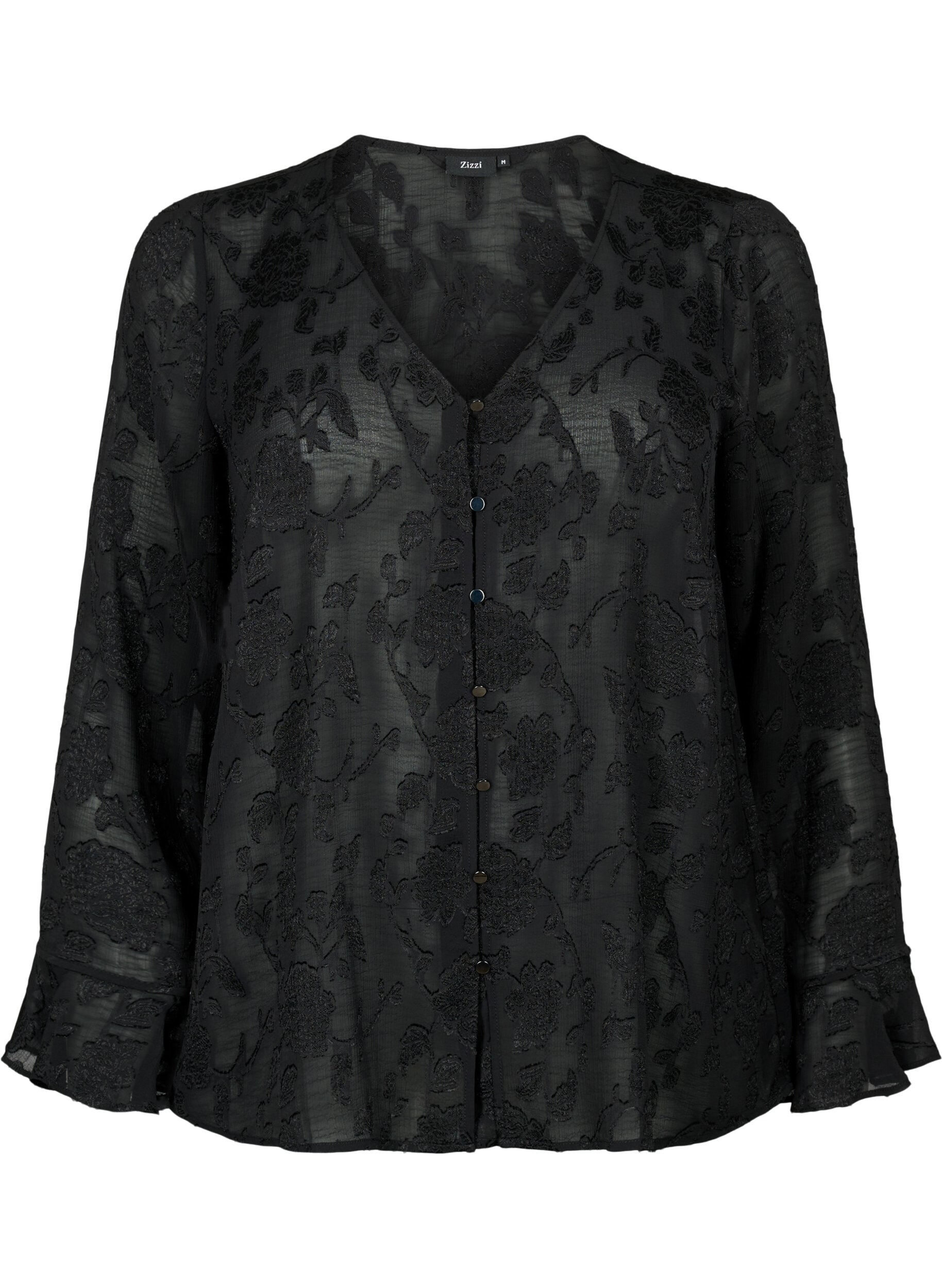 Zizzi Chemise &agrave; manches longues avec look jacquard, Black, Packshot image number 0