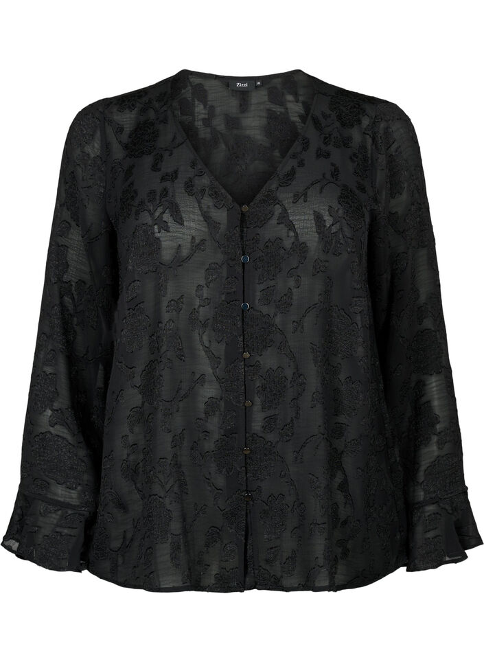 Chemise à manches longues avec look jacquard, Black, Packshot image number 0