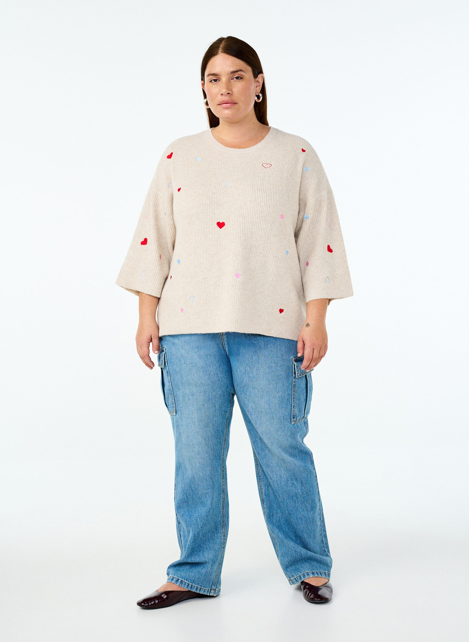 ZizziChemisier en jersey avec des c&oelig;urs et manches 3/4, Beige, Model image number 1