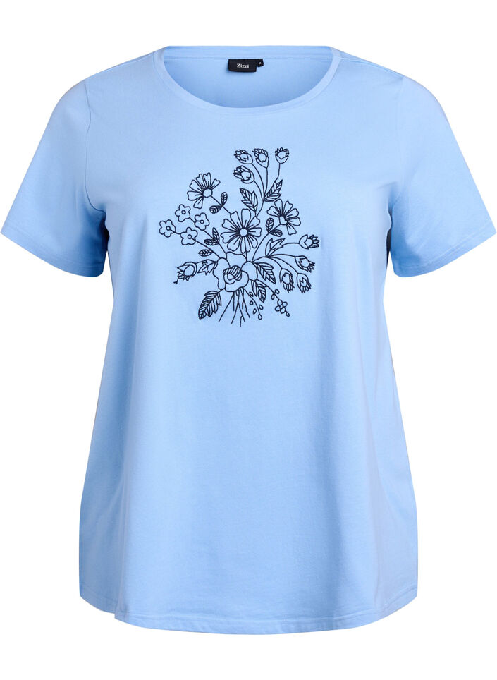 T-shirt en coton biologique avec broderie florale, Della R. Blue w. EMB, Packshot image number 0