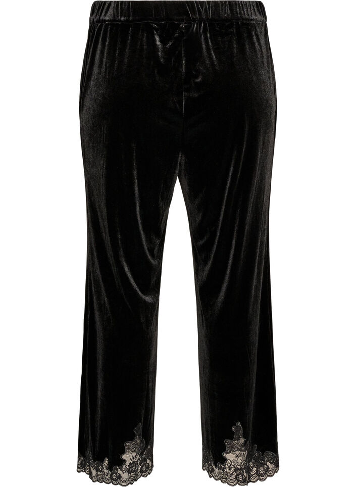 Pantalon en velours coupe ample avec finitions en dentelle, Noir, Packshot image number 1