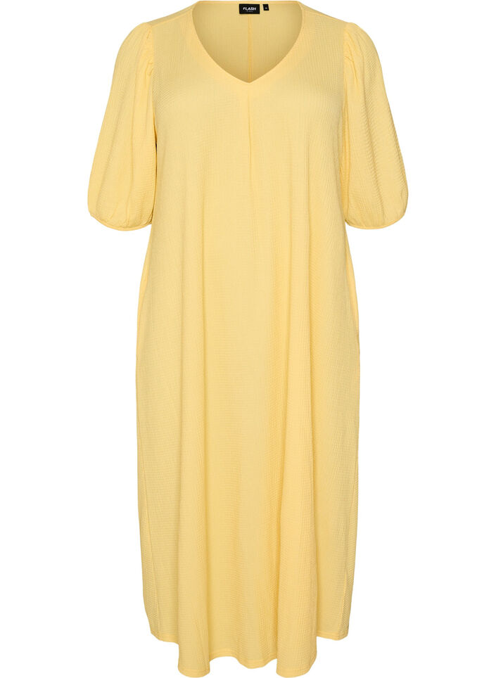 Robe midi avec col en V et texture, Jaune clair, Packshot image number 0