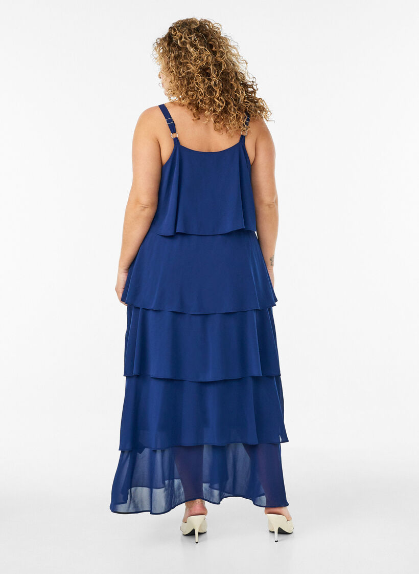 Robe maxi avec plusieurs couches de volants et cape amovible, Bleu, Model image number 1