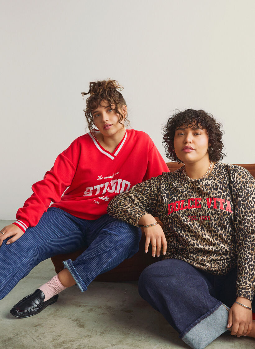 Sweatshirt avec col en V et imprimé texte, Rouge, Image image number 0