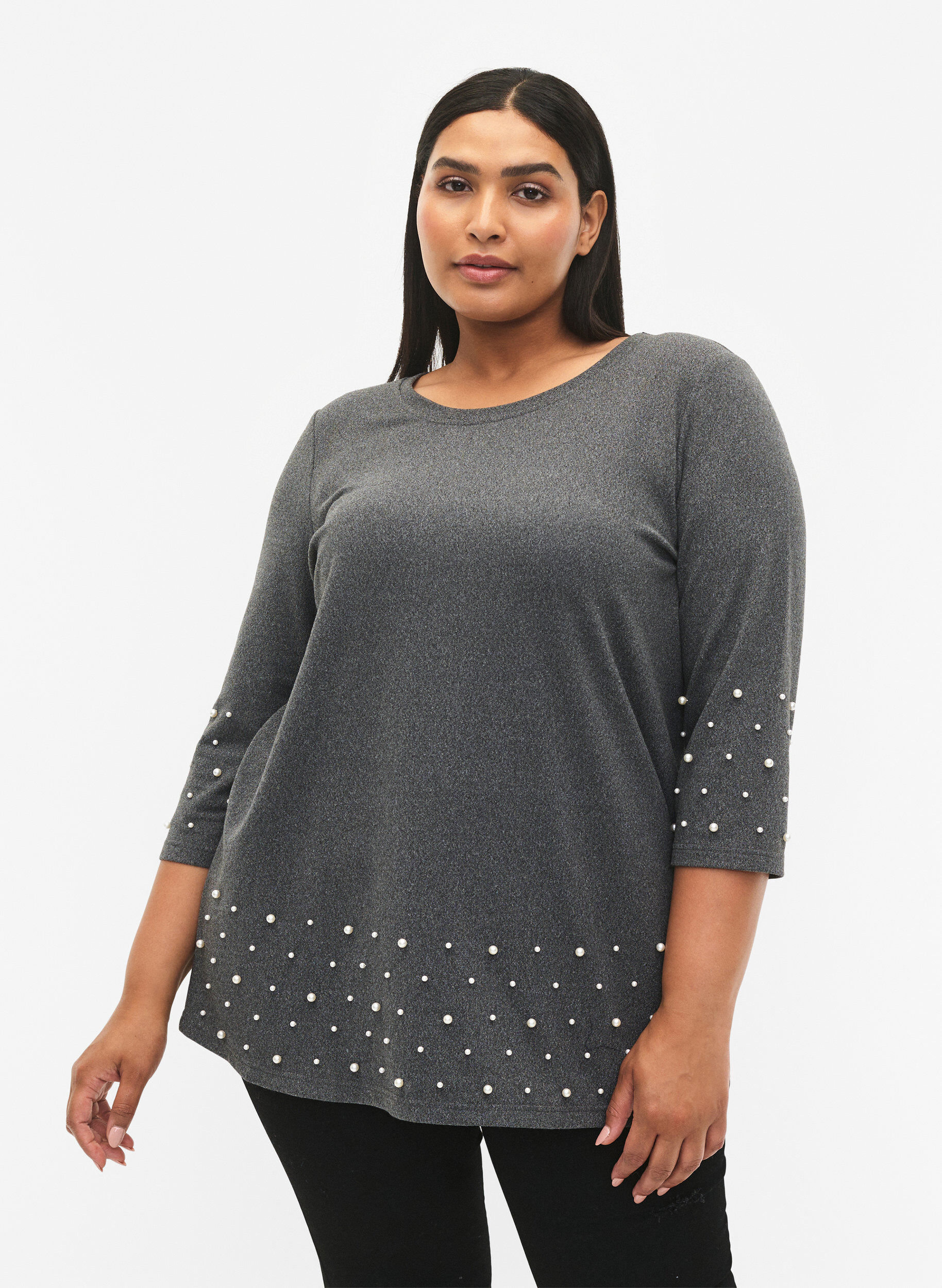 Zizzi Blouse avec perles et manches 3/4, Dark Grey Melange, Model image number 0
