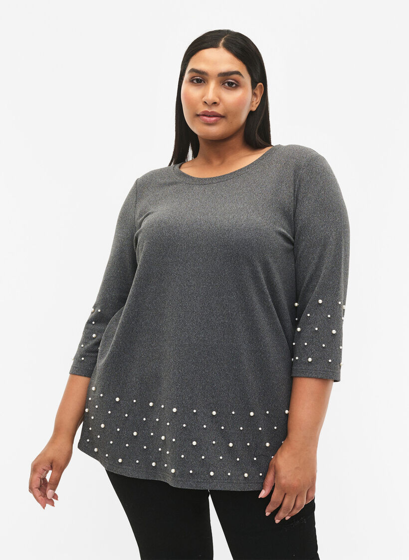 Blouse avec perles et manches 3/4, Dark Grey Melange, Model image number 0