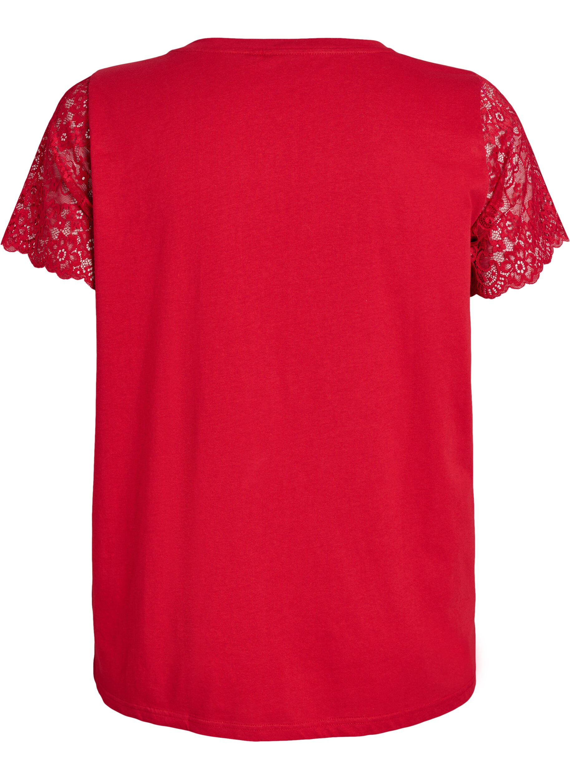 Zizzi T-shirt en coton avec manches courtes en dentelle, Rouge, Packshot image number 1