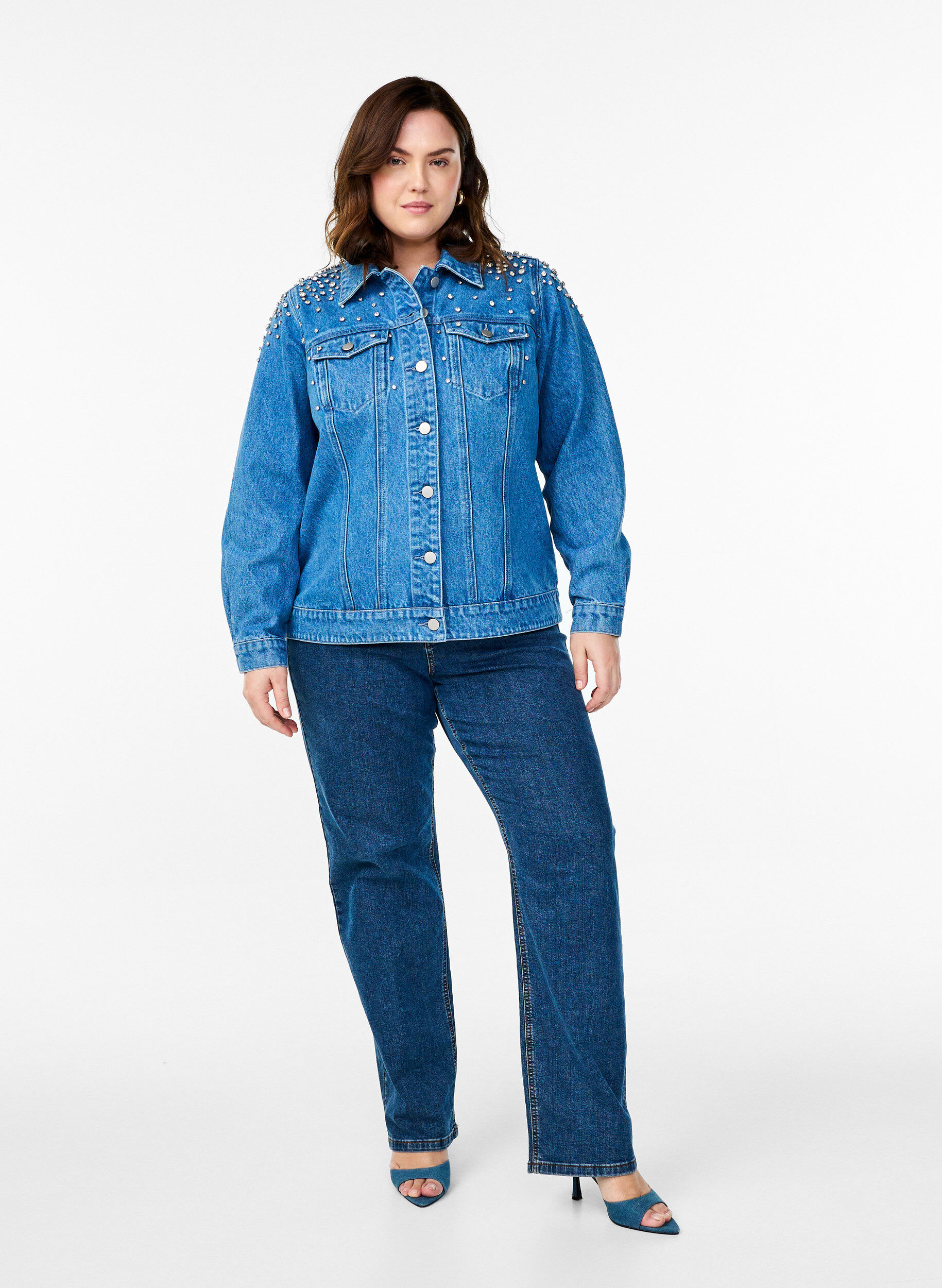 Zizzi Veste en jean avec strass, Bleu, Model image number 1