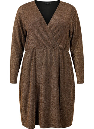 Robe scintillante avec aspect enveloppant et manches longues, Black Copper, Packshot image number 0