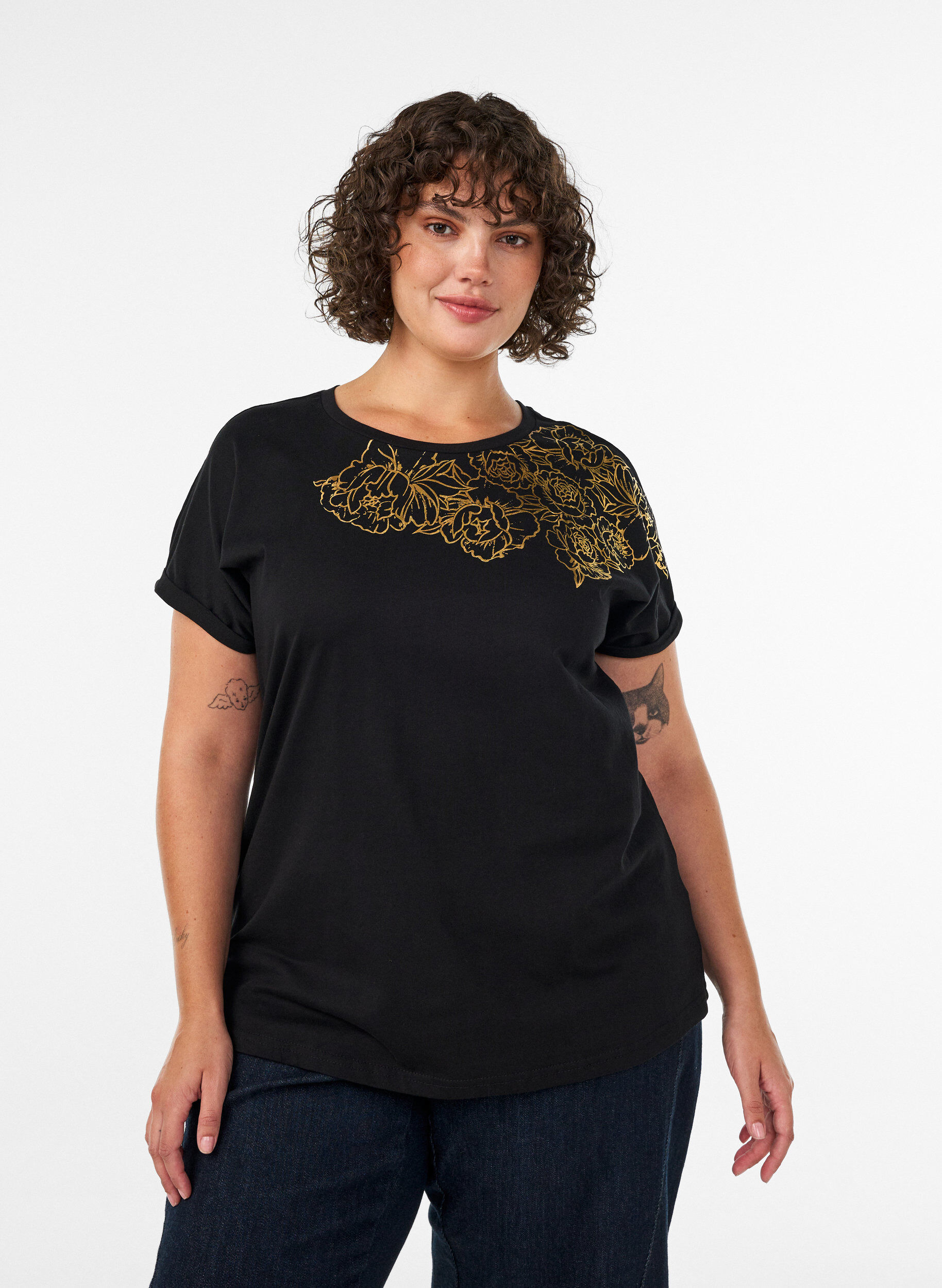 ZizziT-shirt en coton &agrave; imprim&eacute; floral, Noir, Model image number 0