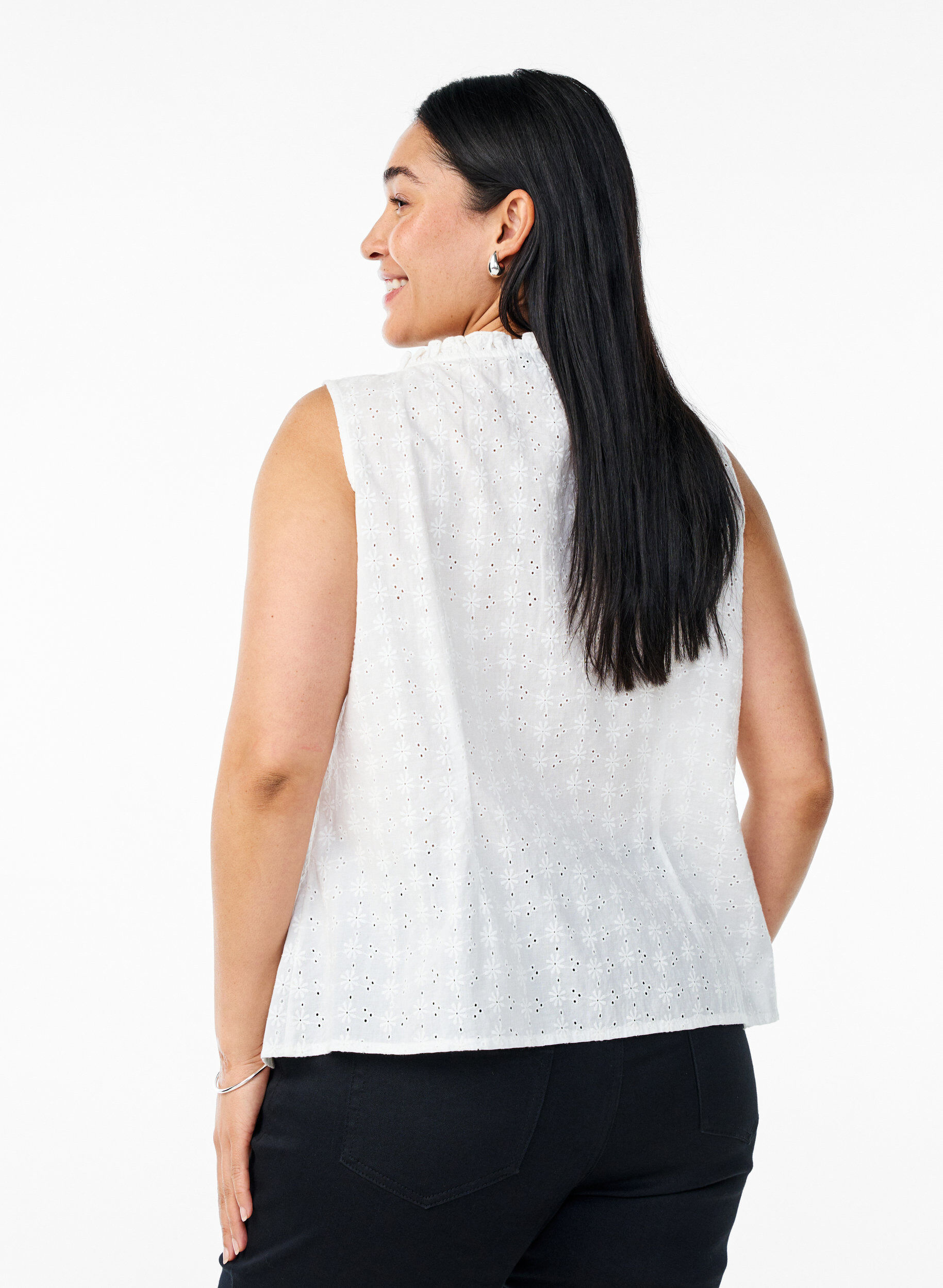 ZizziChemisier sans manches avec broderie anglaise et volants, Vanille, Model image number 2