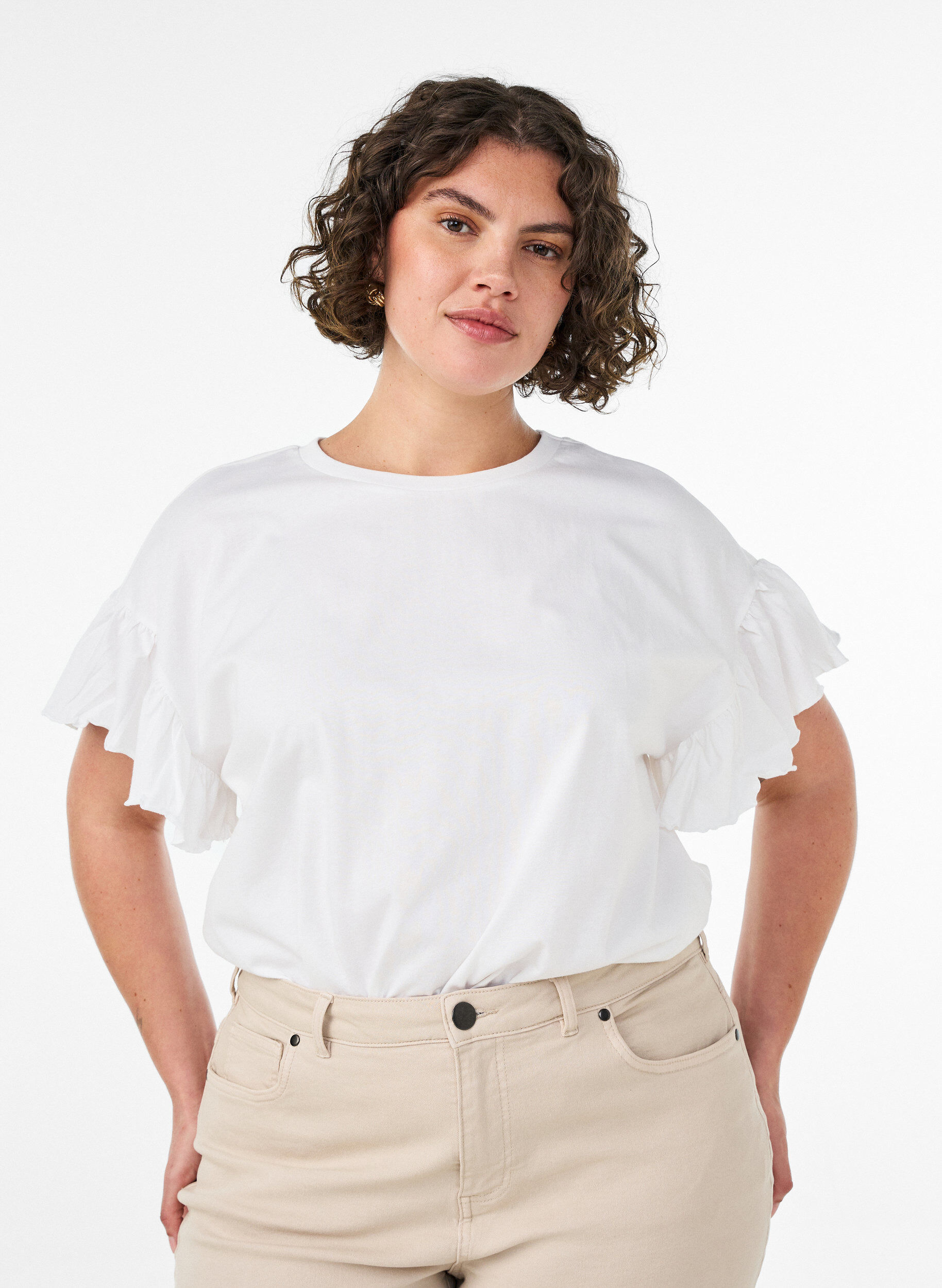 ZizziT-shirt en coton bio avec manches &agrave; volants, Blanc, Model image number 0