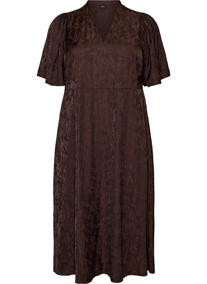 Robe midi en jacquard &agrave; motif cachemire et manches papillon, Marron, Packshot image number 0