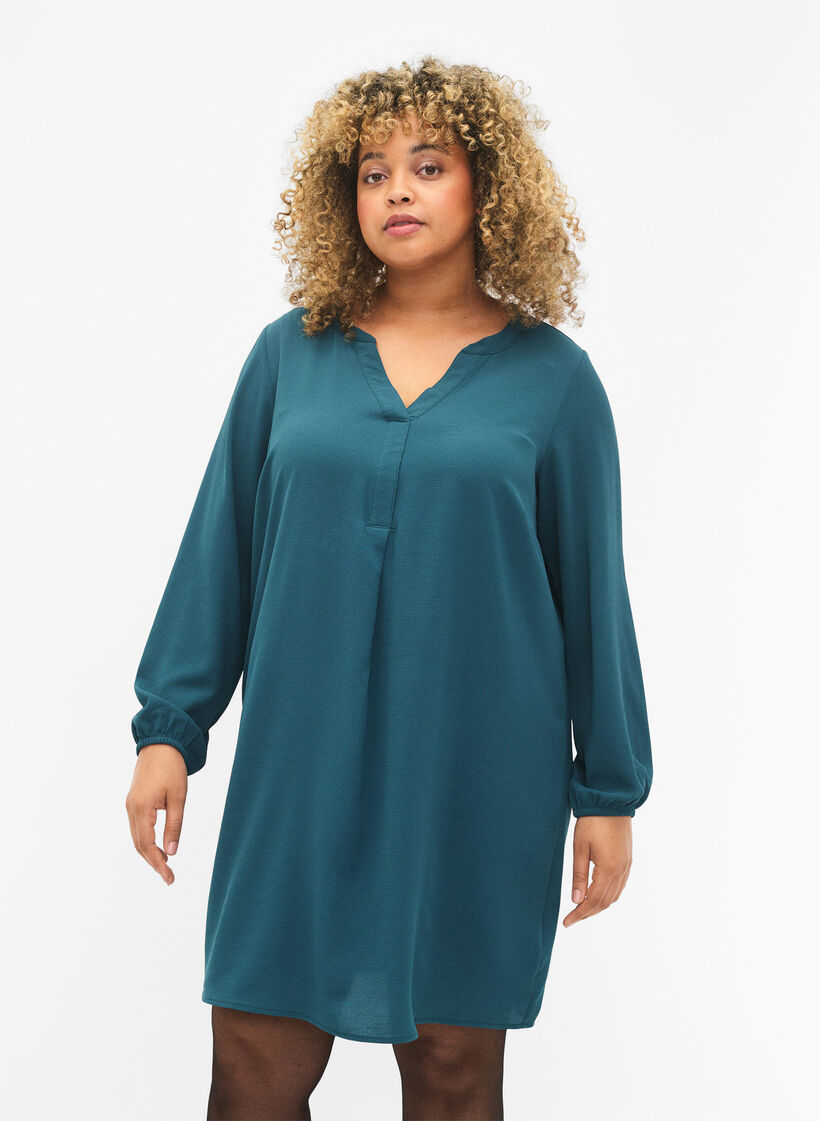 Robe à manches longues et encolure en V., Deep Teal, Model image number 0
