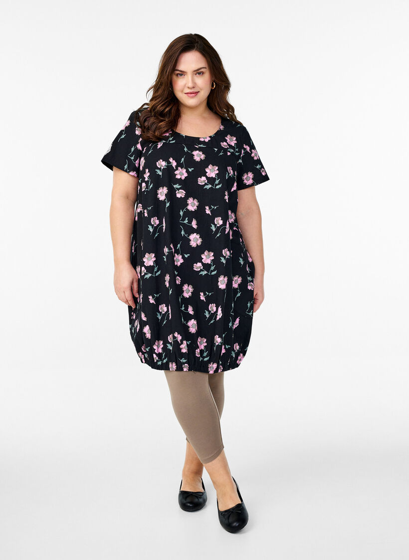 Robe en coton &agrave; manches courtes avec imprim&eacute;, Noir, Model image number 1