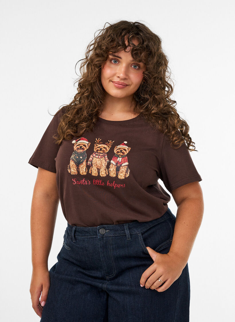 T-shirt de No&euml;l en coton bio, Marron, Model image number 0