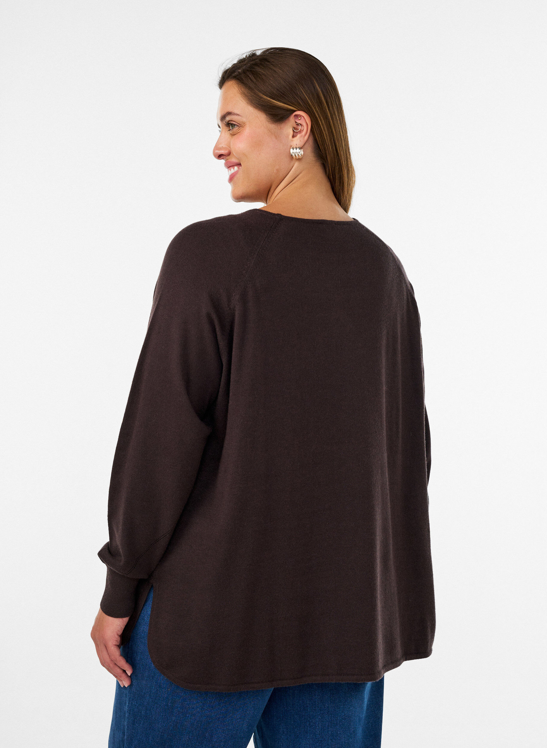 ZizziChemisier en tricot avec col rond et motif tricot, Marron, Model image number 2