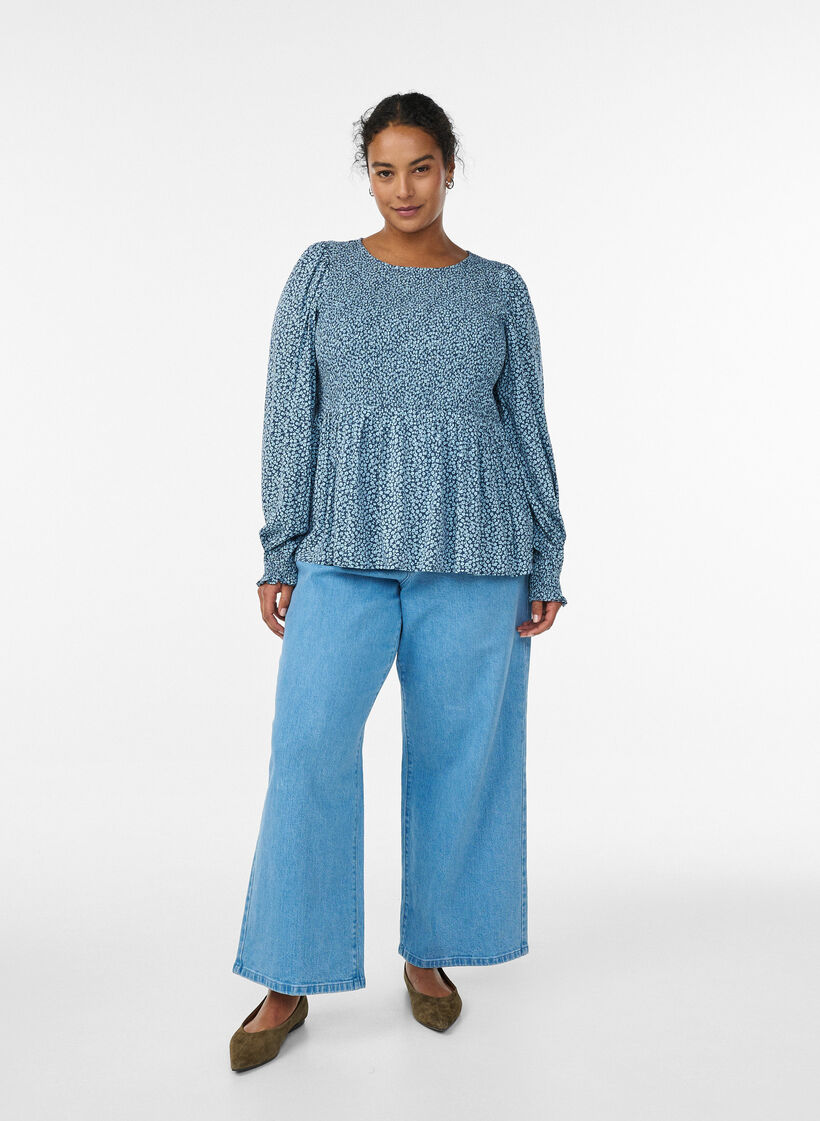 Blouse avec haut smock&eacute; et imprim&eacute; fleuri, Bleu, Model image number 1