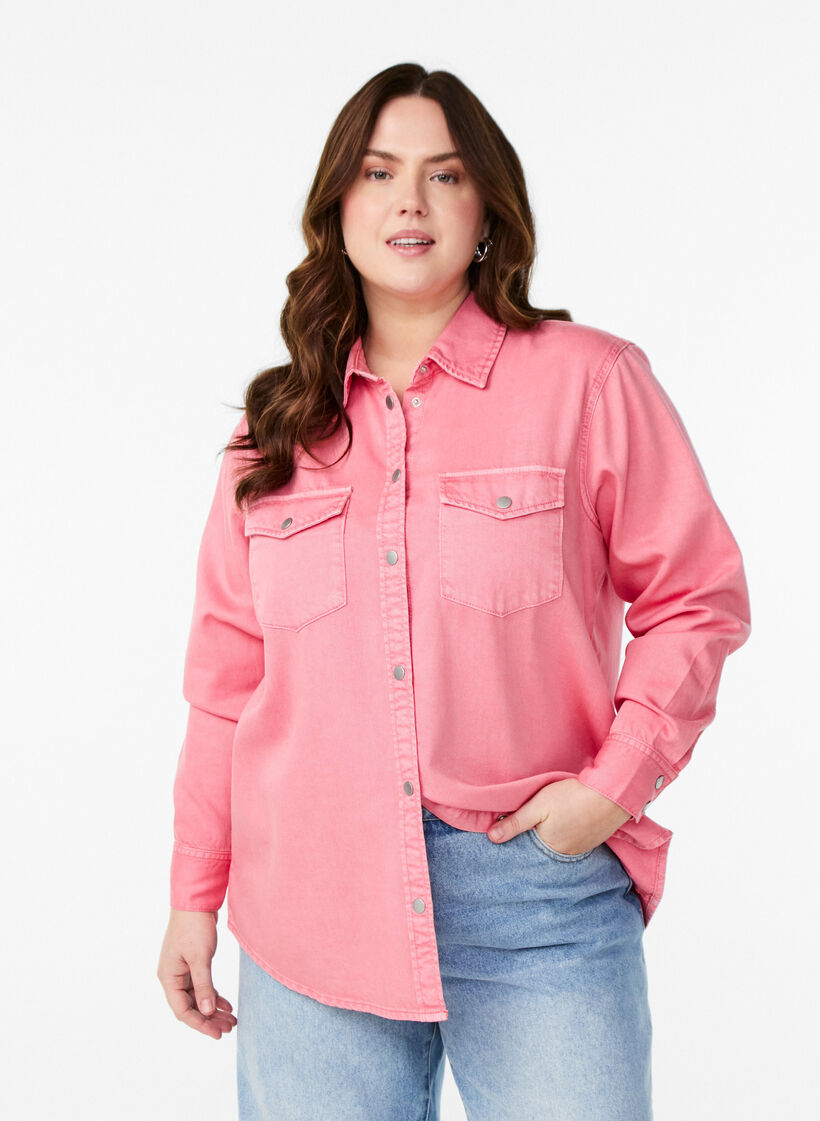 Chemise en jean avec poches de poitrine, Rose, Model image number 3