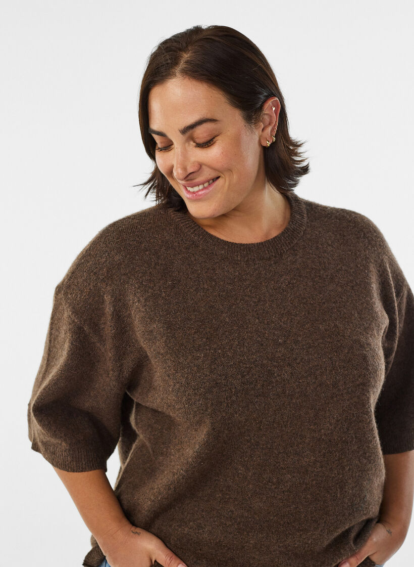 Chemisier tricoté ample à manches courtes, Marron, Model image number 3