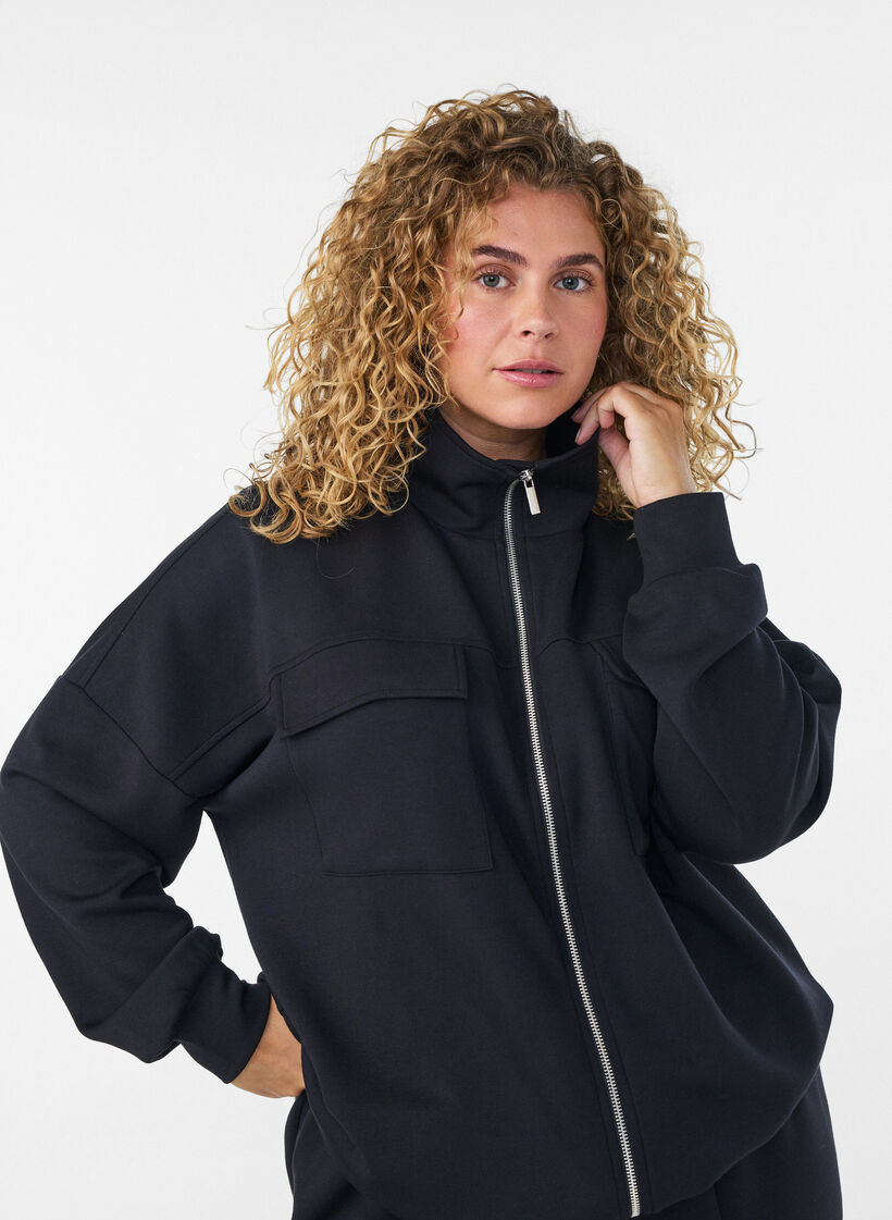 Cardigan en jersey avec fermeture &eacute;clair et col montant, Noir, Model image number 3