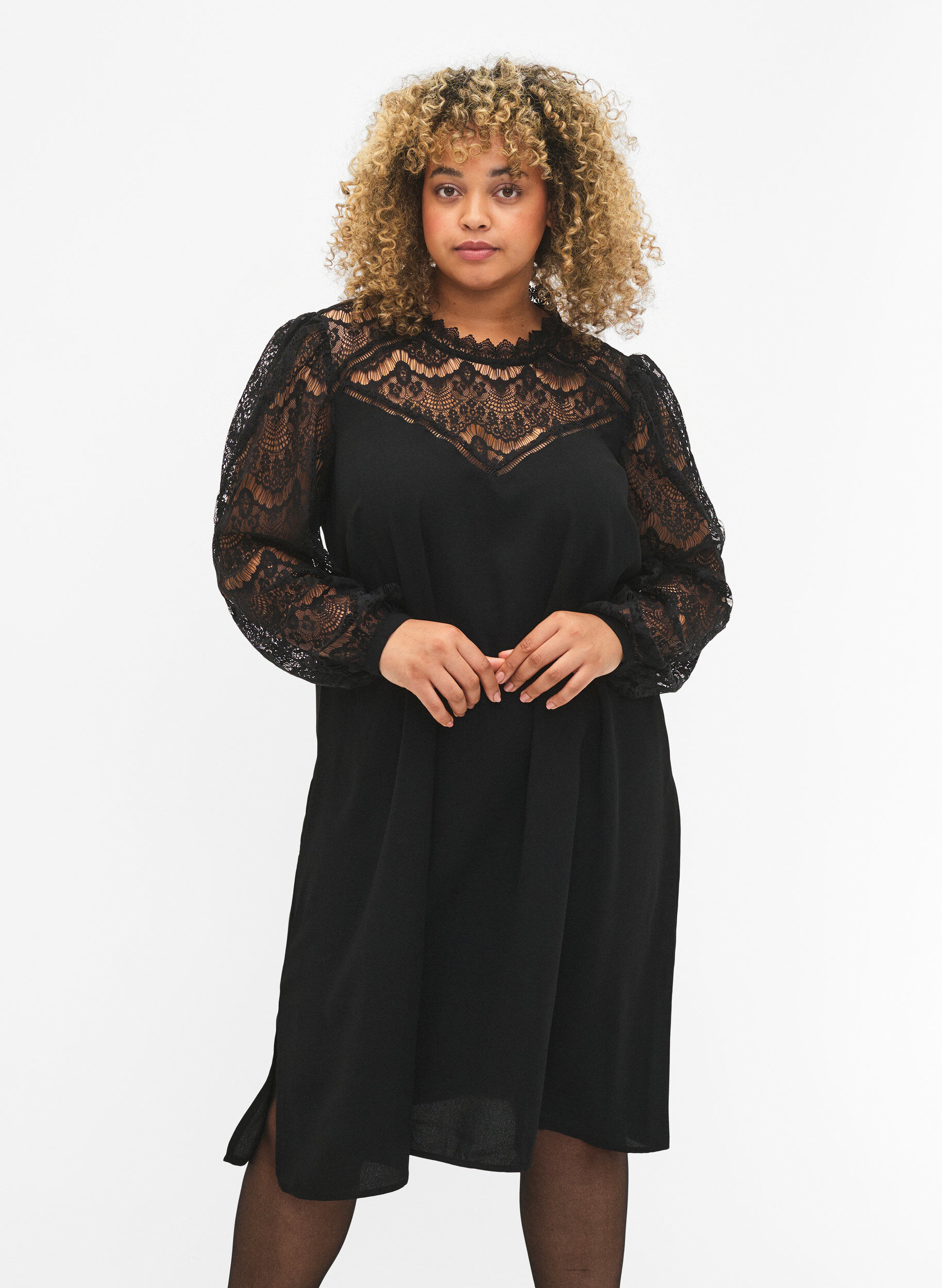 Zizzi Robe &agrave; manches longues avec dentelle, Black, Model image number 0