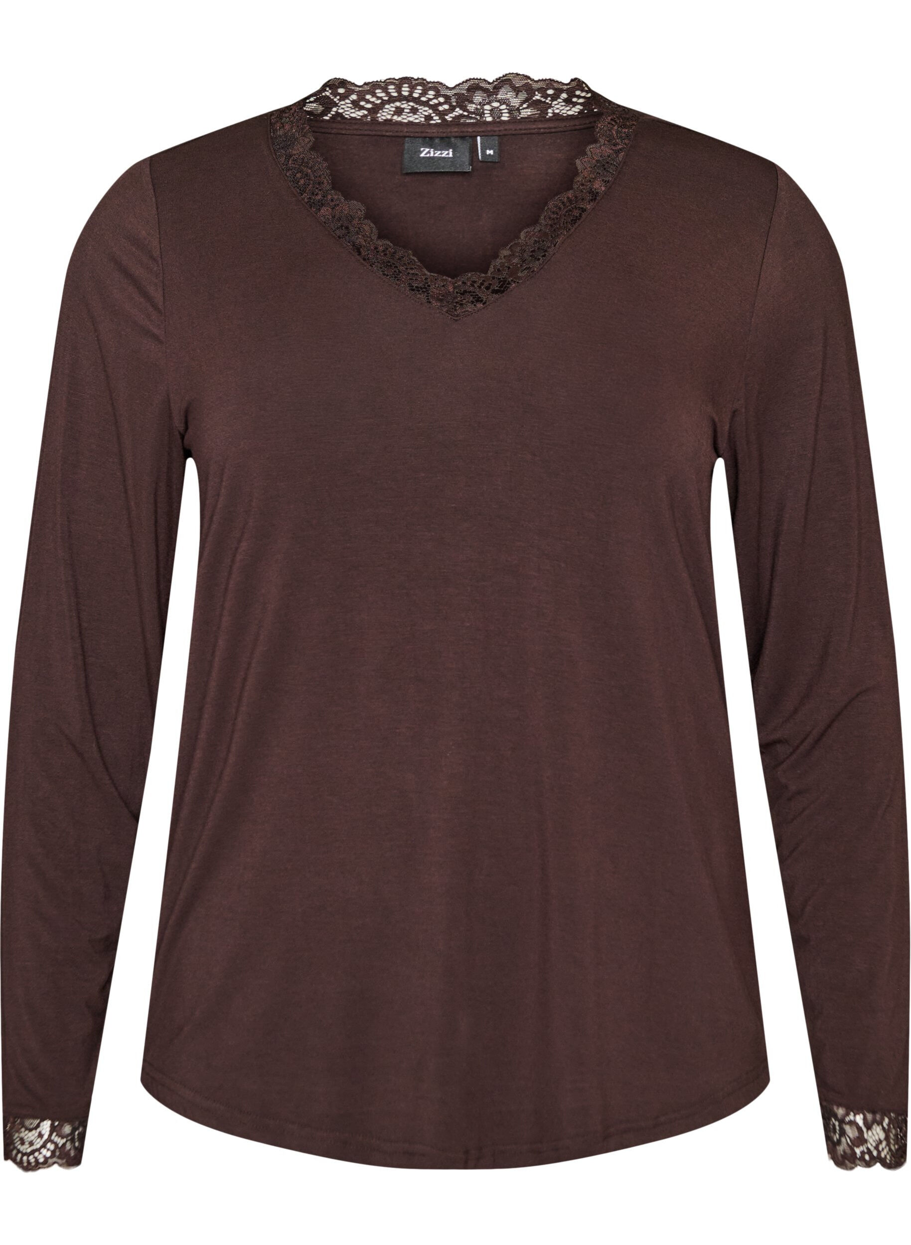 ZizziBlouse en viscose avec d&eacute;tails en dentelle et col en V, Marron, Packshot image number 0