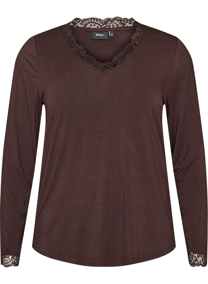 Blouse en viscose avec d&eacute;tails en dentelle et col en V, Marron, Packshot image number 0