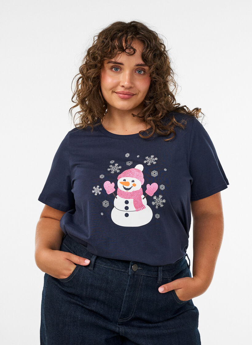 T-shirt de No&euml;l en coton bio, Bleu, Model image number 0